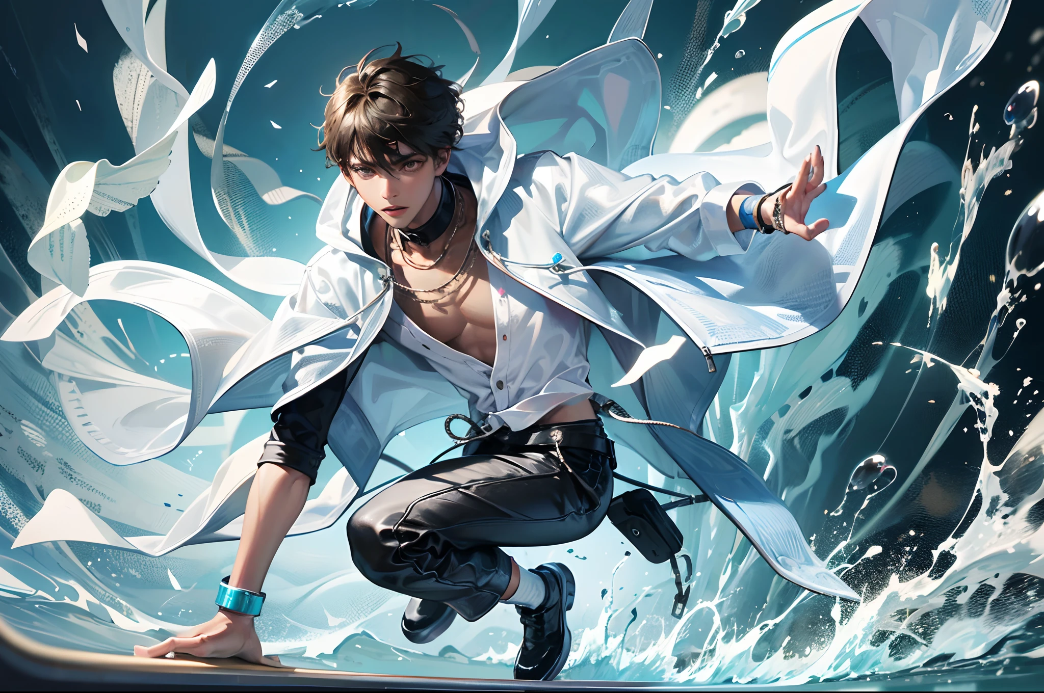 Full body shot of black teenage boy dressed in white African clothes, riding a skateboard and jumping over a moving white highly detailed bugatti splashing water, the whole scene in white colour, white smoke in scene, with iridescent light, highly-realistic image, 32k, ultra HD, cinematic lighting, artgerm style, highly detailed images, --auto --s2