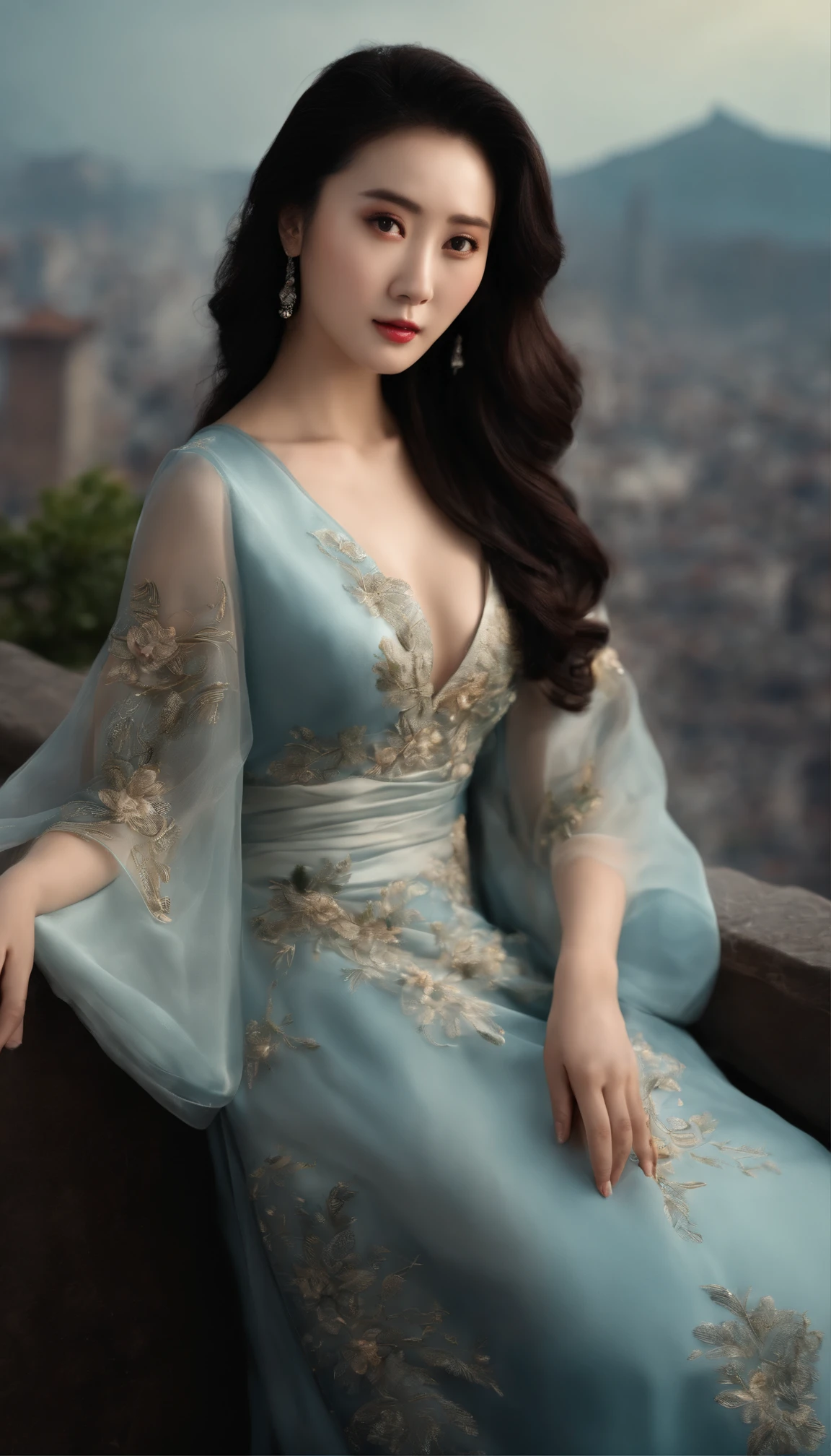 Masterpiece, Best quality, (Photorealistic:1.4), full bodyesbian, (dress:1.1)(evening formal robes:1.1)(Wisps 1.1)(Embroidered seedling edge Q1.1) view over city, Cinematic light, Beautiful woman,Fan Bingbing's face,32years old, ((From any direction)), sport, Large breasts, Black hair,Chinese face, rim, Detailed dress,Detailed styling
