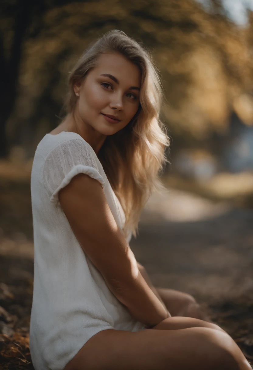 NSFW, 21 years old girl , rubia , pechos grandes , cuerpo completo , con una sonrisa cautivadora , completamente desnuda , paseando en un bosque, haciendo una pose sexy, (hiperrealista: 1.2),(paisaje de bosque)