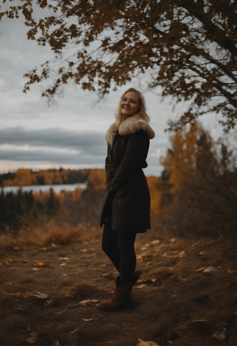 KIira Korpi,Finnish cityscape,Small eyes,double tooth,Long Roll Hairstyles,Little fat woman,20yr old,all-fours,a smile,Hide your buttocks with your hands,seminude,Autumn landscape,Hair illuminated by the sun,hitornfreckles,tiny chest,Round butt, Beautiful fece, paler, Thin thickness, small waist,medium shot