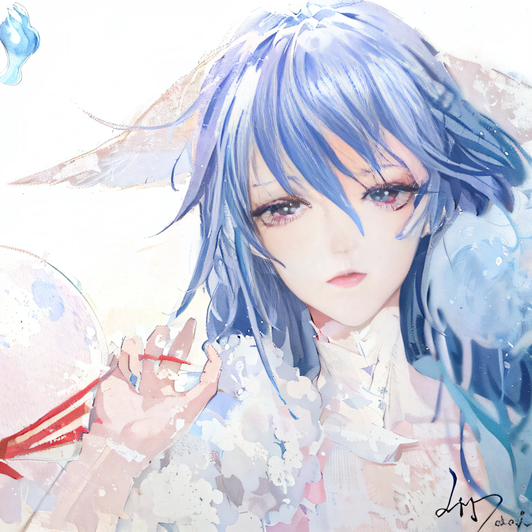 Anime girl with blue hair holding balloon and red rope, Anime Paintings, Portrait Chevaliers du Zodiaque Fille, Soft anime illustration, manga painting, Vintage 7 0 s anime watercolor, neferpitou, drawn in anime painter studio, author:Nanmi Morikage, ((aquarelle)), an anime portrait of cirno, watercolour painting style, made with anime painter studio