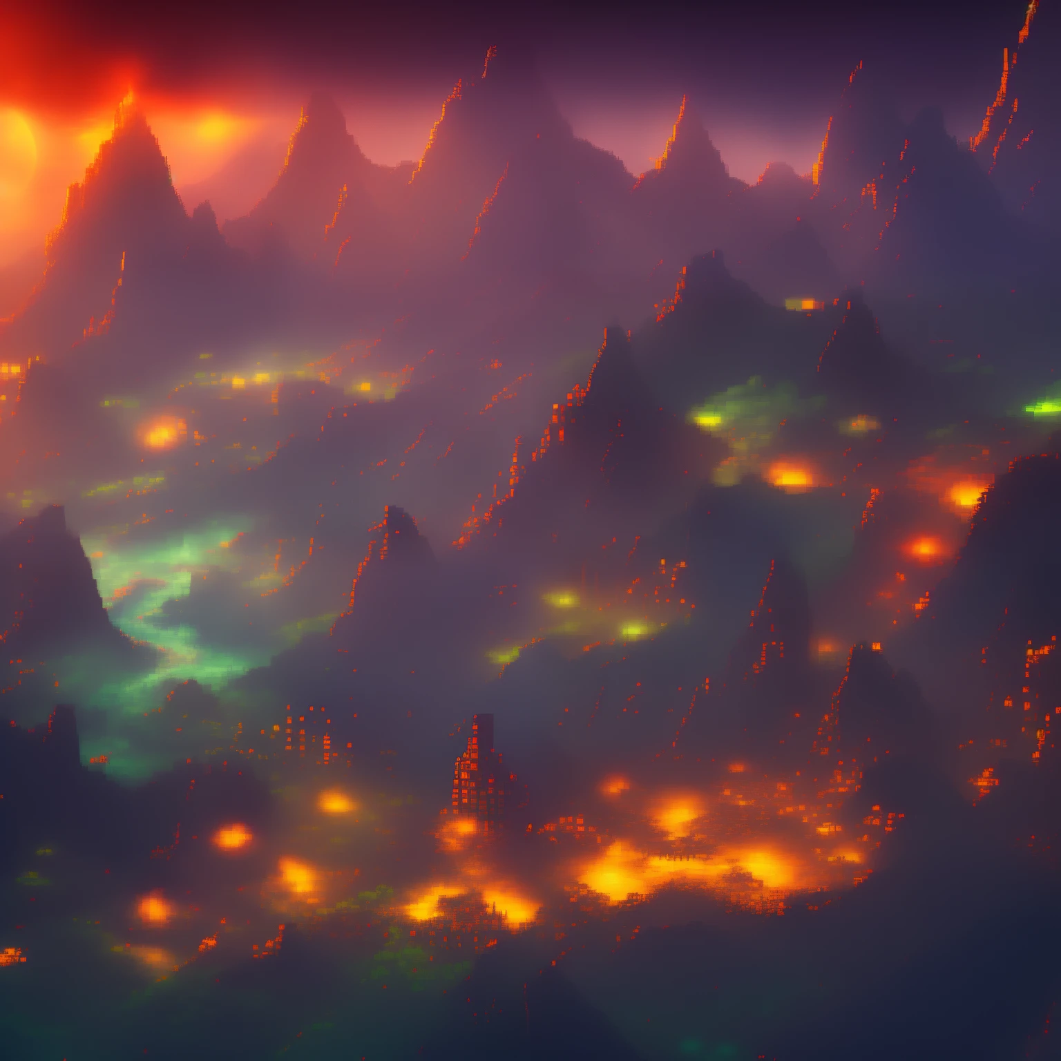 fantasy world, RPG, top image, realm of magic, twilight, pixel art, red and black tones,