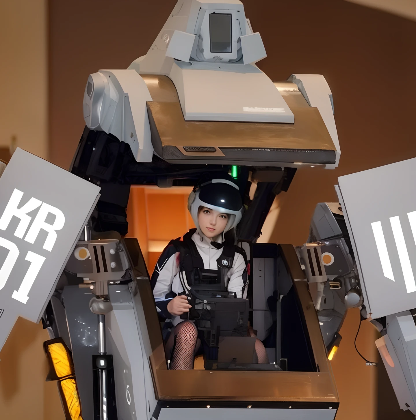 Hay un hermosa mujer sentada en un disfraz de robot con un letrero, Girl in robotic suit, fully robotic!! girlish, mechanized soldier girl, Robot police scout, The most advanced humanoid robot, Titanfall IRL, Konami Mecha, Traje de robot, Arasaka Mech, The robot with its human mask, fully robotic!! Catgirlish, humanoide robot