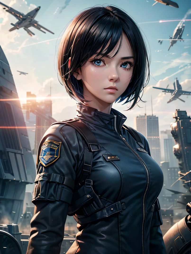 top-quality、超A high resolution、a science fiction film、adult woman, 25 years old、Dark blue eyes、Black bob short-haired、Air Force uniform、serious faces、Sharp eyes、Realistic face resolution、realisitic、Resolving Objects、The background is the battlefield、Spacecraft in the sky、Bullets fly around、Dynamic action