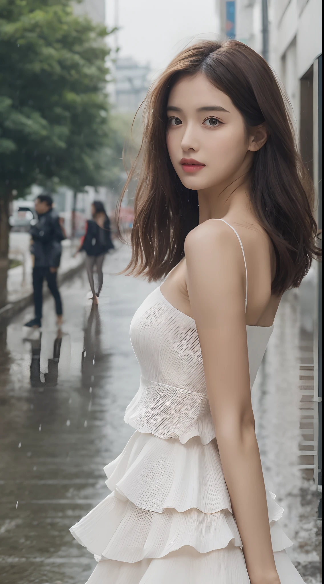 ((Best Quality, 8k, Masterpiece: 1.3)), Focus: 1.2, Perfect Body Beauty: 1.4, Buttocks: 1.2, ((Layered Haircut, Flat Chest: 1.2)), (Rain, Street:1.3), Bandeau Dress: 1.1, Highly Detailed Face and Skin Texture, Fine Eyes, Double Eyelids, Whitened Skin, Long Hair, (Shut Up: 1.3), Full Body