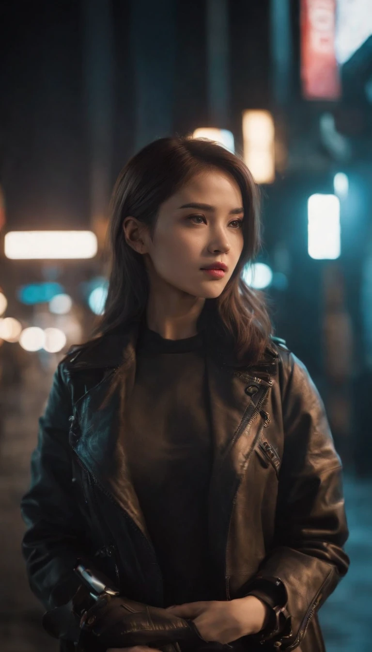 Modern simulation,Anime-style environment wide angle shooting,Nighttime chaotic arcade shots; A woman in street clothes;Sci-fi. 。.3D. Environmental arcade art.,cyber punk perssonage,Firearms
