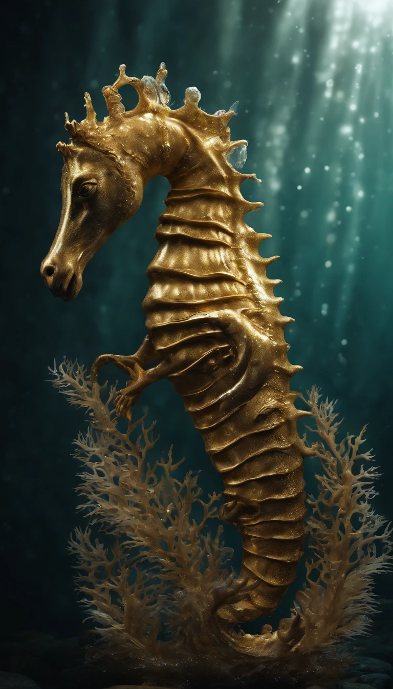 (a realistic,golden,ultra-detailed) sea horse, (made by titanium,3D rendered), (in the deep sea,dark,black), (glowing in the dark,illuminating,emitting ethereal light), (with a mesmerizing,shimmering appearance), (gracefully swimming,gliding,hovering) amidst the (mysterious,undulating) depths. The sea horse's (sleek body,gentle curves) reflects the (subtle,soft) light, creating a (magical,otherworldly) aura. The (flowing seaweed,dancing kelp) surrounds the majestic creature, adding an (element of enchantment,organic touch) to the scene. The (tranquil,silent) underwater environment accentuates the (surreal,ethereal) beauty of the golden sea horse as it (explores,adorns) the (hidden corners,unexplored territories) of the deep sea.