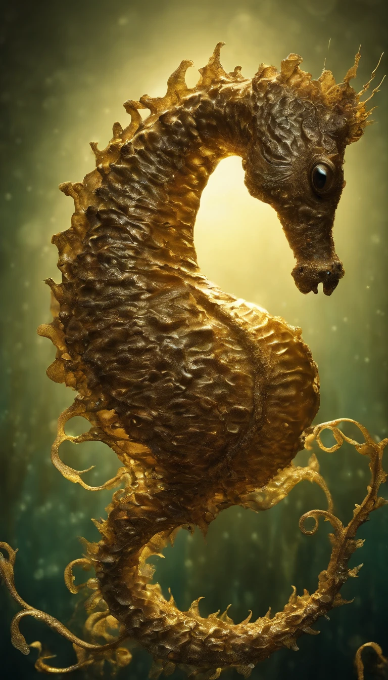 (a realistic,golden,ultra-detailed) sea horse, (made by titanium,3D rendered), (in the deep sea,dark,black), (glowing in the dark,illuminating,emitting ethereal light), (with a mesmerizing,shimmering appearance), (gracefully swimming,gliding,hovering) amidst the (mysterious,undulating) depths. The sea horse's (sleek body,gentle curves) reflects the (subtle,soft) light, creating a (magical,otherworldly) aura. The (flowing seaweed,dancing kelp) surrounds the majestic creature, adding an (element of enchantment,organic touch) to the scene. The (tranquil,silent) underwater environment accentuates the (surreal,ethereal) beauty of the golden sea horse as it (explores,adorns) the (hidden corners,unexplored territories) of the deep sea.