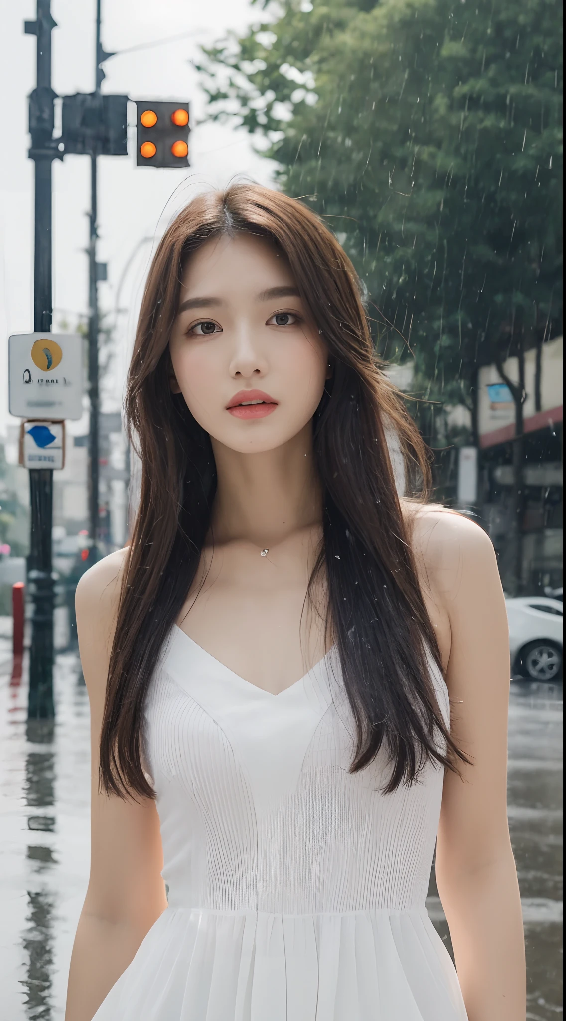 ((Best Quality, 8k, Masterpiece: 1.3)), Focus: 1.2, Perfect Body Beauty: 1.4, Buttocks: 1.2, ((Layered Haircut, Flat Chest: 1.2)), (Rain, Street:1.3), Bandeau Dress: 1.1, Highly Detailed Face and Skin Texture, Fine Eyes, Double Eyelids, Whitened Skin, Long Hair, (Shut Up: 1.3), Full Body