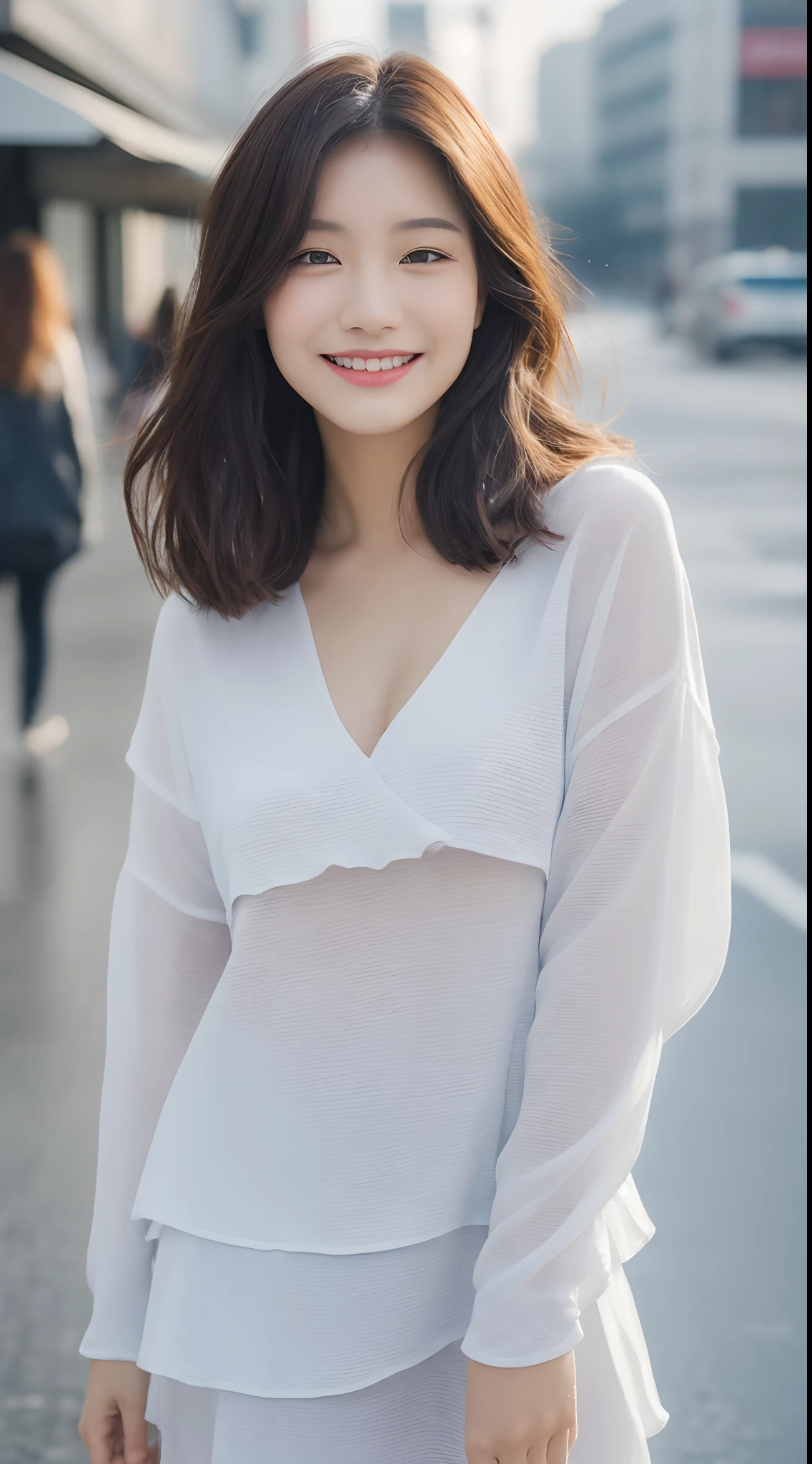 ((Best Quality, 8K, Masterpiece:1.3)), Focus: 1.2, Perfect Body Beauty: 1.4, Buttocks: 1.2, ((Layered Haircut, Breasts: 1.2)), (Wet Clothes: 1.1), (Rain, Street:1.3), Bandeau Dress: 1.1, Highly Detailed Face and Skin Texture, Fine Eyes, Double Eyelids, Whitening Skin, Long Hair, (Shut Up: 1.3), Smile