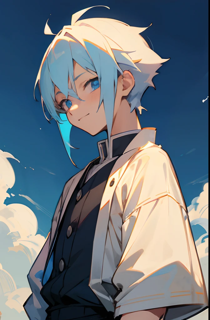 anime young boy, medium height, white colored hair with blue colored tips, 1 man, small hair, happy, blue colored eyes, farmer clothes, demon slayer art style