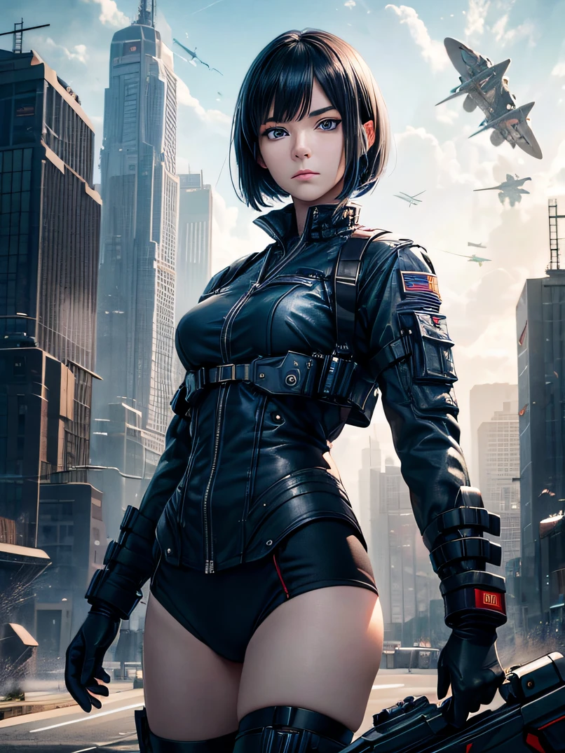 top-quality、超A high resolution、a science fiction film、adult  woman, 25 years old、Dark blue eyes、Black bob short-haired、Air Force uniform、serious faces、Sharp eyes、Realistic face resolution、realisitic、Resolving Objects、The background is the battlefield、Spacecraft in the sky、Bullets fly around、Dynamic action