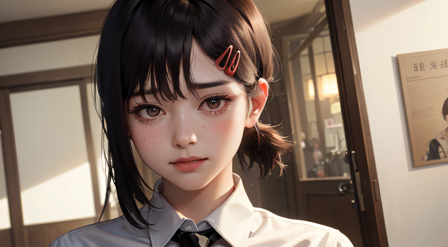 masterpiece, best quality, ultra-detailed, illustration, epic lighting, cinematic composition, isometric, 1girl, solo, cute, brown eyes, black hair, swept bangs, single sidelock, red hairclip, white collared shirt, black necktie, black pants, formal, enchanting gaze, captivating pose, indoors, office, door, opening door, looking at viewer, peeking out upper body, blush, seductive smile, closed mouth,(8k:1.1),