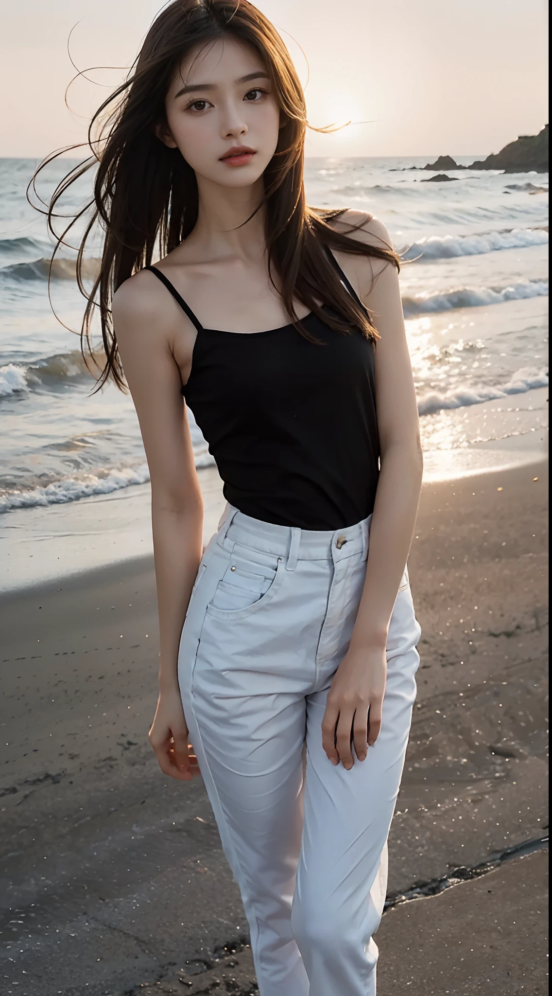 High resolution、Cute 18 year old Japanese girl、White tube top、Blue denim belly shorts、Sunset beach in the background、Full body photo、Standing position on knees,Telephoto lens camera、Looking at the camera、Large Breasts、White tooth smile、Thick and glossy lips、Kind eyes