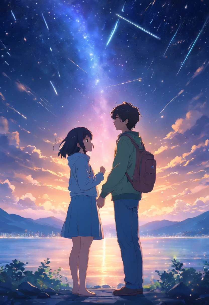 A couple in their twenties, hugging,The entire galactic starry sky,Magnificent,Twinkling starlight,Boundless,Fantastic sights,meteor shower