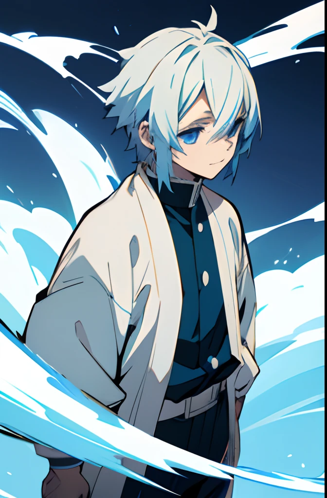 anime young boy, medium height, white colored hair with blue colored tips, 1 man, small hair, happy, blue colored eyes, farmer clothes, demon slayer art style