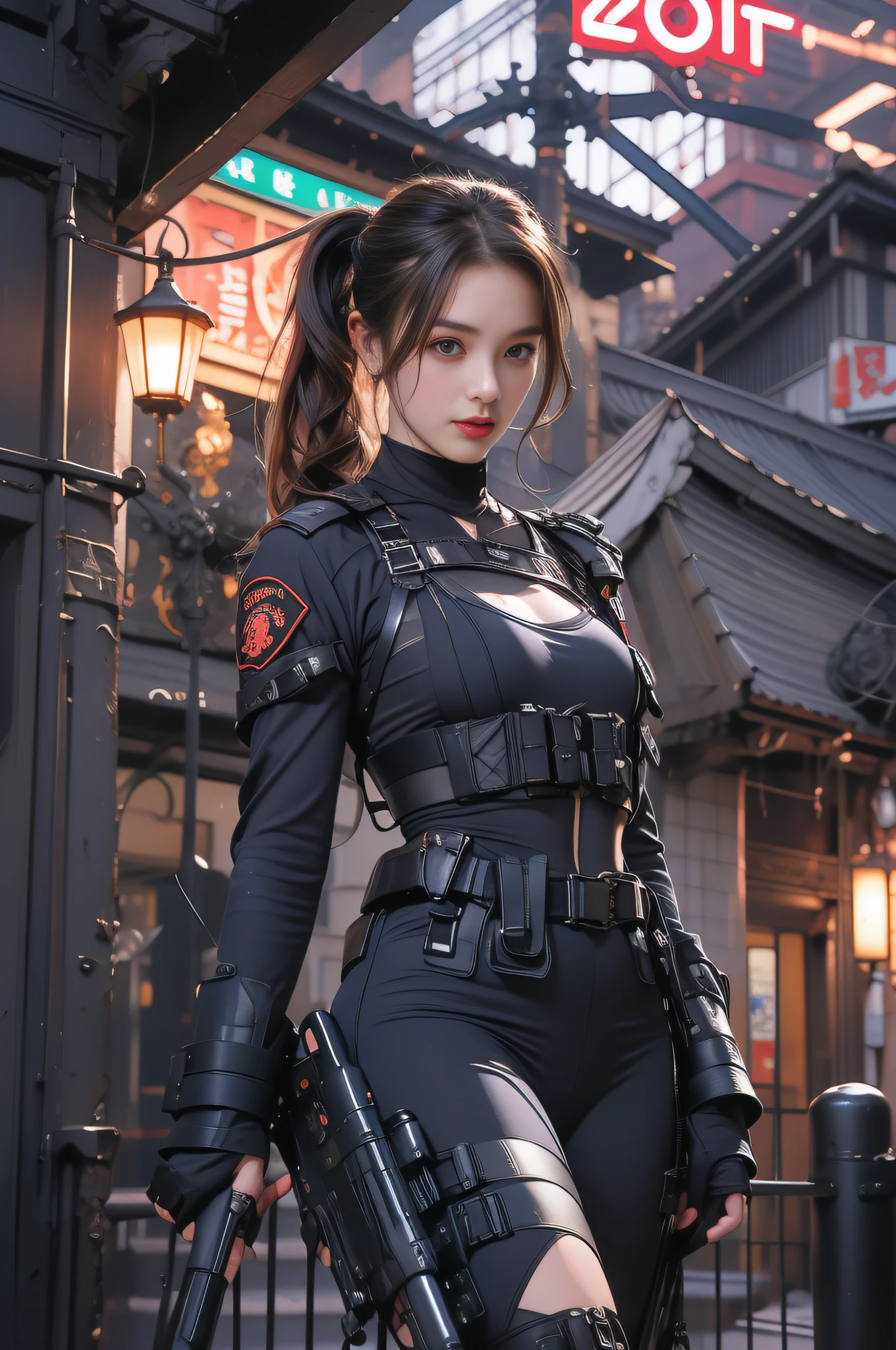 brunette color hair,(pony tails),largeeyes,full bodyesbian,Japan beauties,Korean Idol,45 yers old,(small tits),flatchest,top-quality,Masterpiece,8K,Cowboy shot,1 woman, Elegant beauty, Radiant skin, Detailed facial expressions, (Style dynamic:0.8),Heavy weapons girl ,swat,Female nun,Emergency Service Units,Wear a tactical vest,Wear a full-body suit,Summon spell arrays, midriff,Hyper-realistic details, Glowing magical energy, Japan,toyko,Night scene,Tokyo Tower,Metropolitan Police Department,Anti-monster squad,stand posture,determined expression, Armor details, Detailed background,Powerful aura,