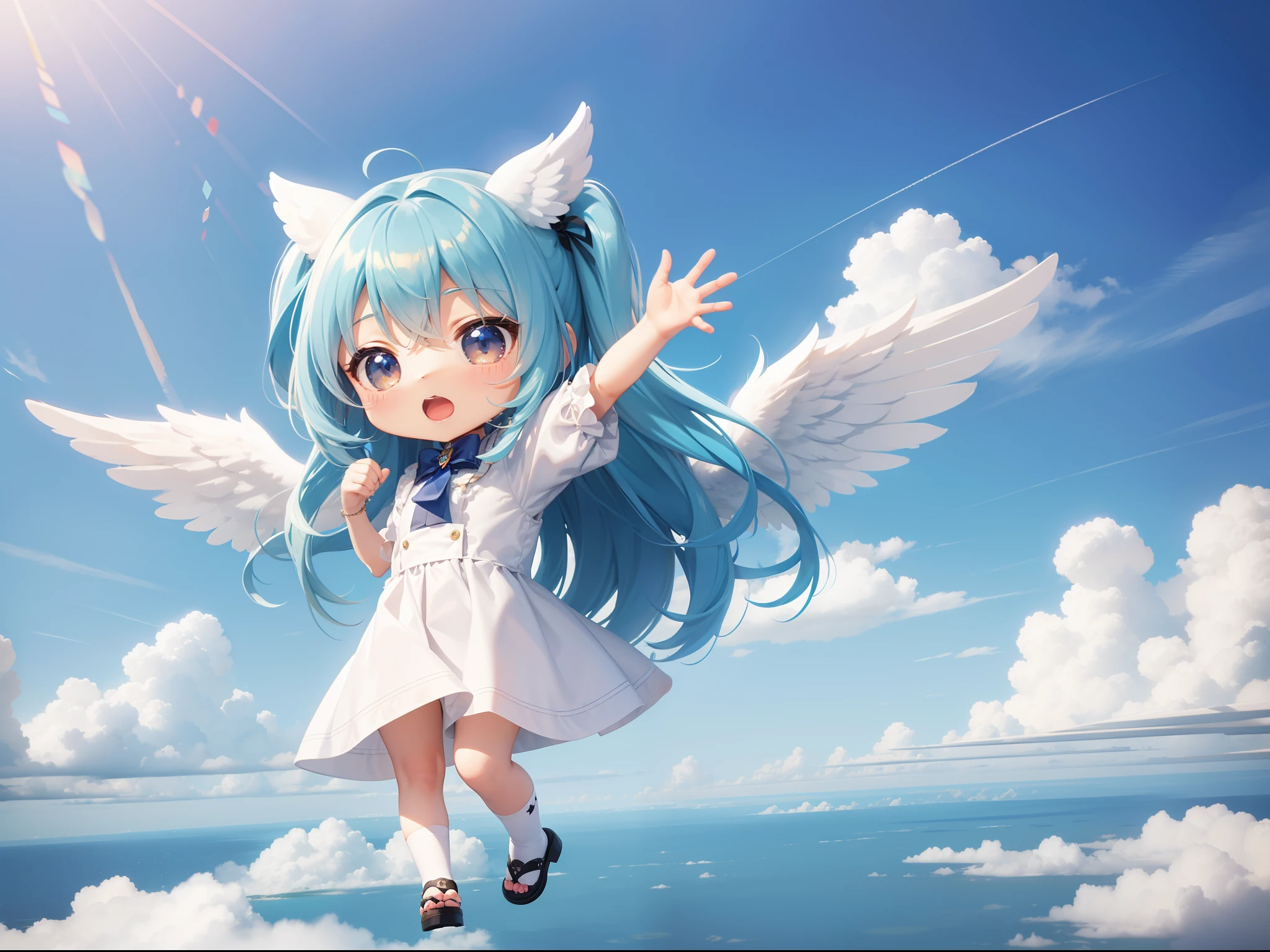 Fly in the sky with angel wings Chibichara long hair with blue hair((Chibi Chara))、Fluffy、girl with、Chibi Chara、full body Esbian、Pastel colors hair、masutepiece、top-quality、