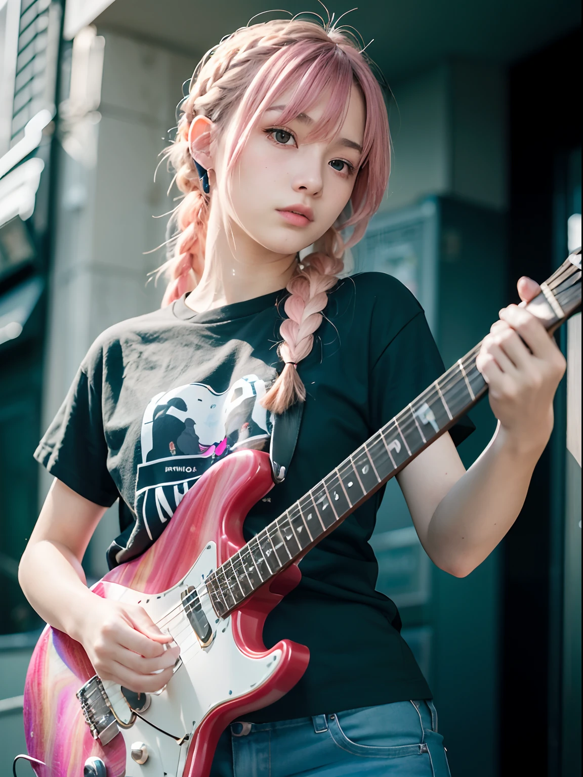 An 18-year-old woman,(hi-top fade:1.3), 18year old, teens girl,no tail,(no tail),2D, masterpiece, top-quality, animesque, A detailed eye, A detailed face, girl with, Only 1 person,Pink Hair Medium Hair, (Pink hair), Ear Hair, small tits, Single braid, (Single braid), (Side braid), (plays the electric guitar, 6 strings), Dark theme, Muted colors, High contrast, (Tuttos skin texture, Hyper-Realism, Soft light, sharp), Psychedelic T-shirt,
