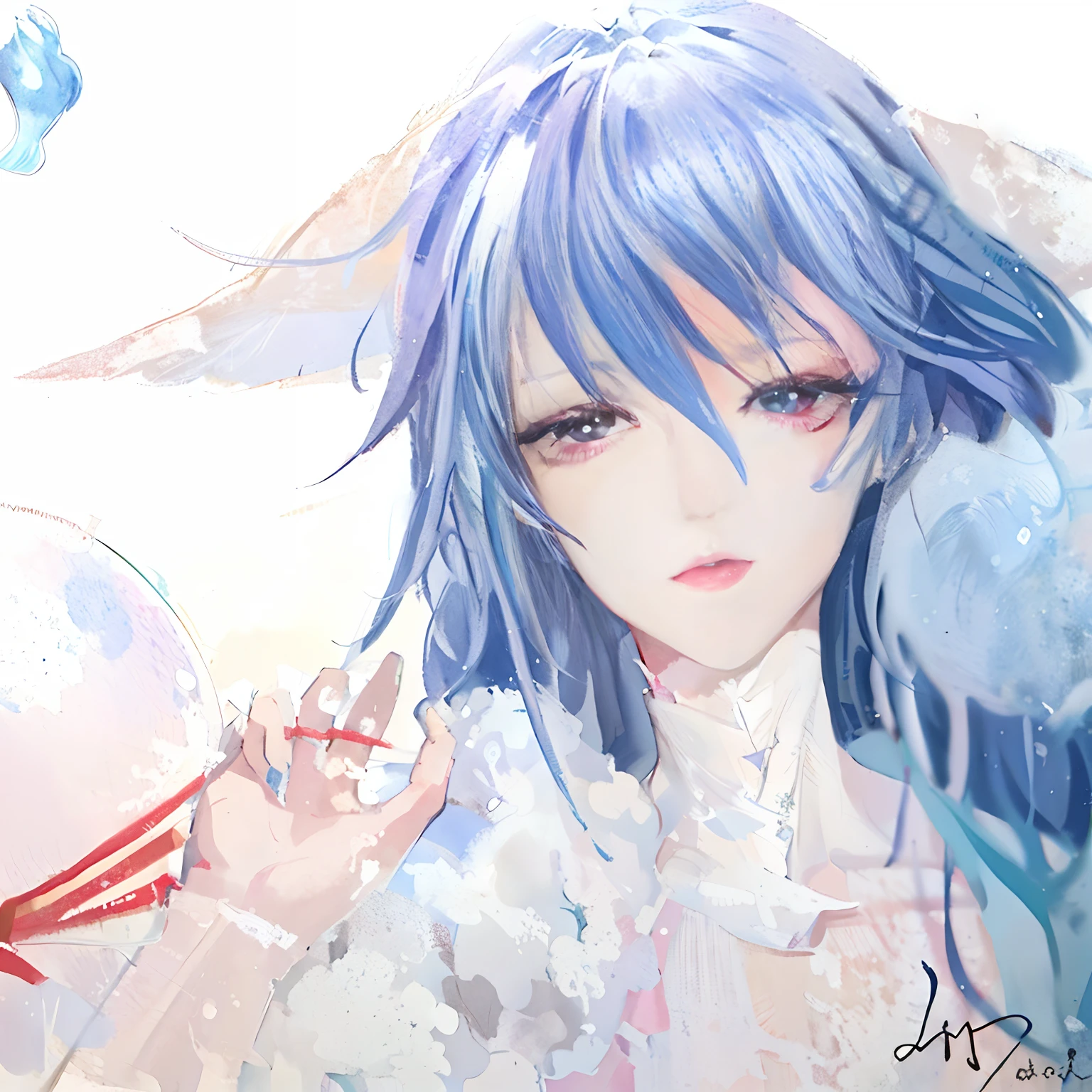 Anime girl with blue hair holding balloon and red rope, Anime Paintings, Portrait Chevaliers du Zodiaque Fille, Soft anime illustration, manga painting, Vintage 7 0 s anime watercolor, neferpitou, drawn in anime painter studio, author:Nanmi Morikage, ((aquarelle)), an anime portrait of cirno, watercolour painting style, made with anime painter studio