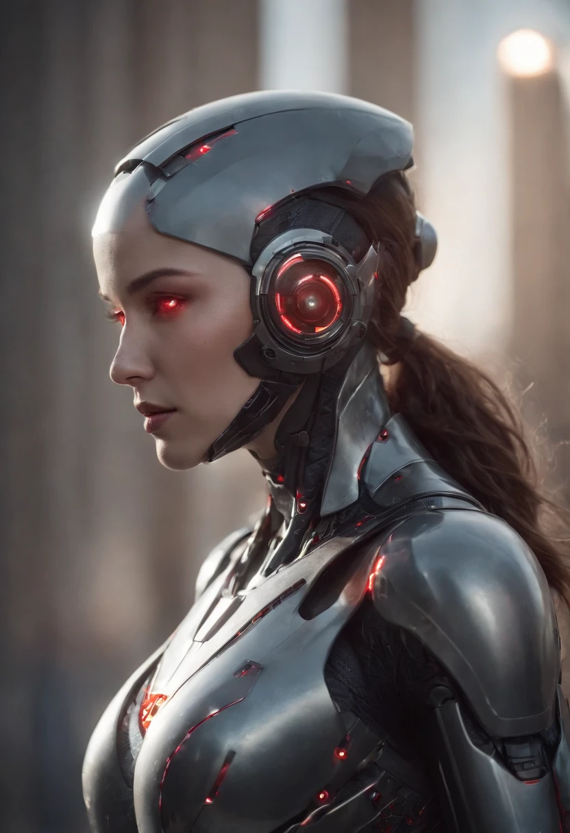 lizzyC1, ((best quality)), ((masterpiece)), (detailed), Midjourney Style, close-up, woman, robot, red eyes, concept art, inspired by Marek Okon, digital art, Crysis Nanosuit, futuristic, (glowing elements:1.1), 4:3 aspect ratio, dynamic duo