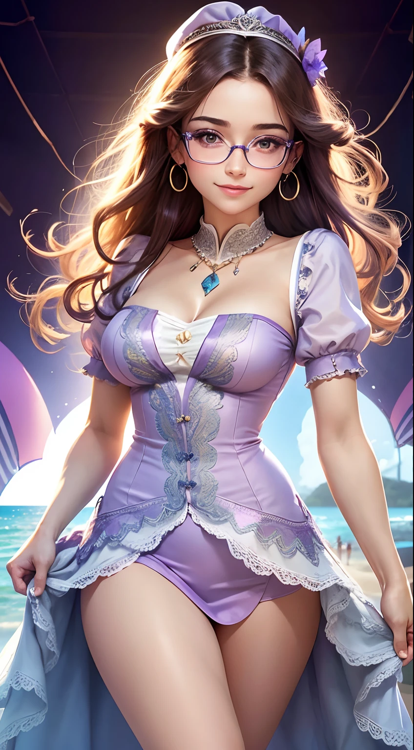 purple short dress, school uniform, very pretty European princess, wearing round glasses, portrait photo, beach, standing up straight, head and ankles straight, smiling, wearing earrings, 4k definition, beautiful slim hands