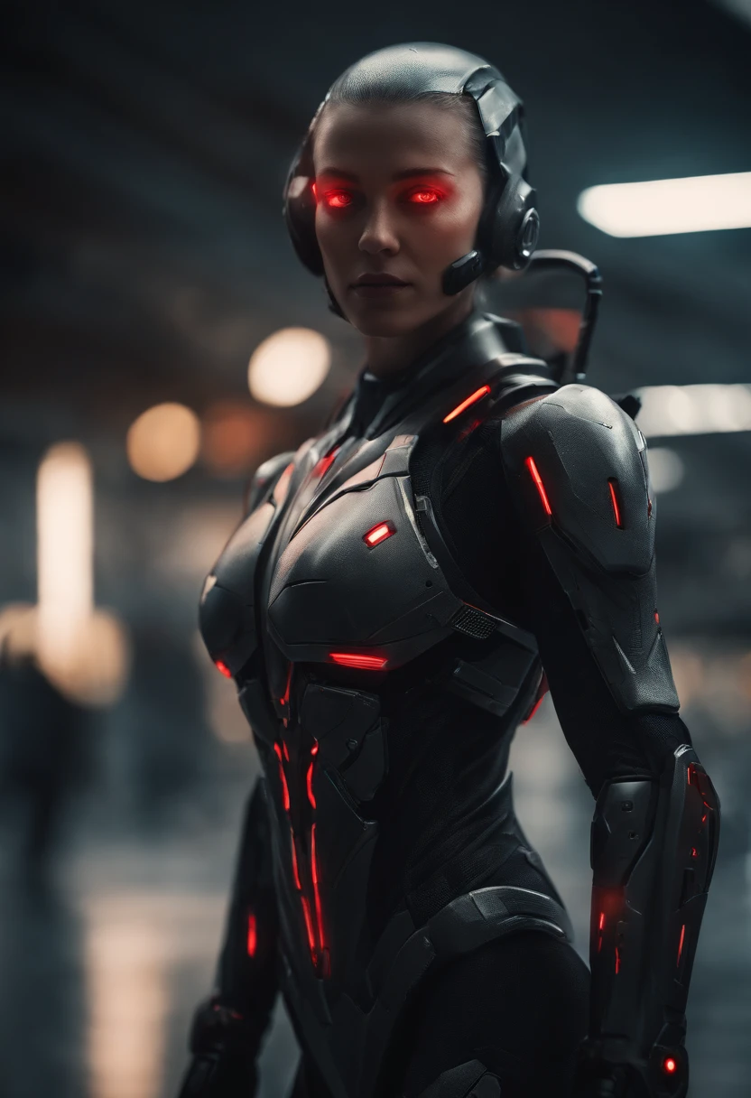 lizzyC1, ((best quality)),((masterpiece)),(detailed), Midjourney Style, close-up, woman, robot, red eyes, concept art, inspired by Marek Okon, digital art, Crysis Nanosuit, futuristic, (glowing elements:1.1), 4:3 aspect ratio,upper body