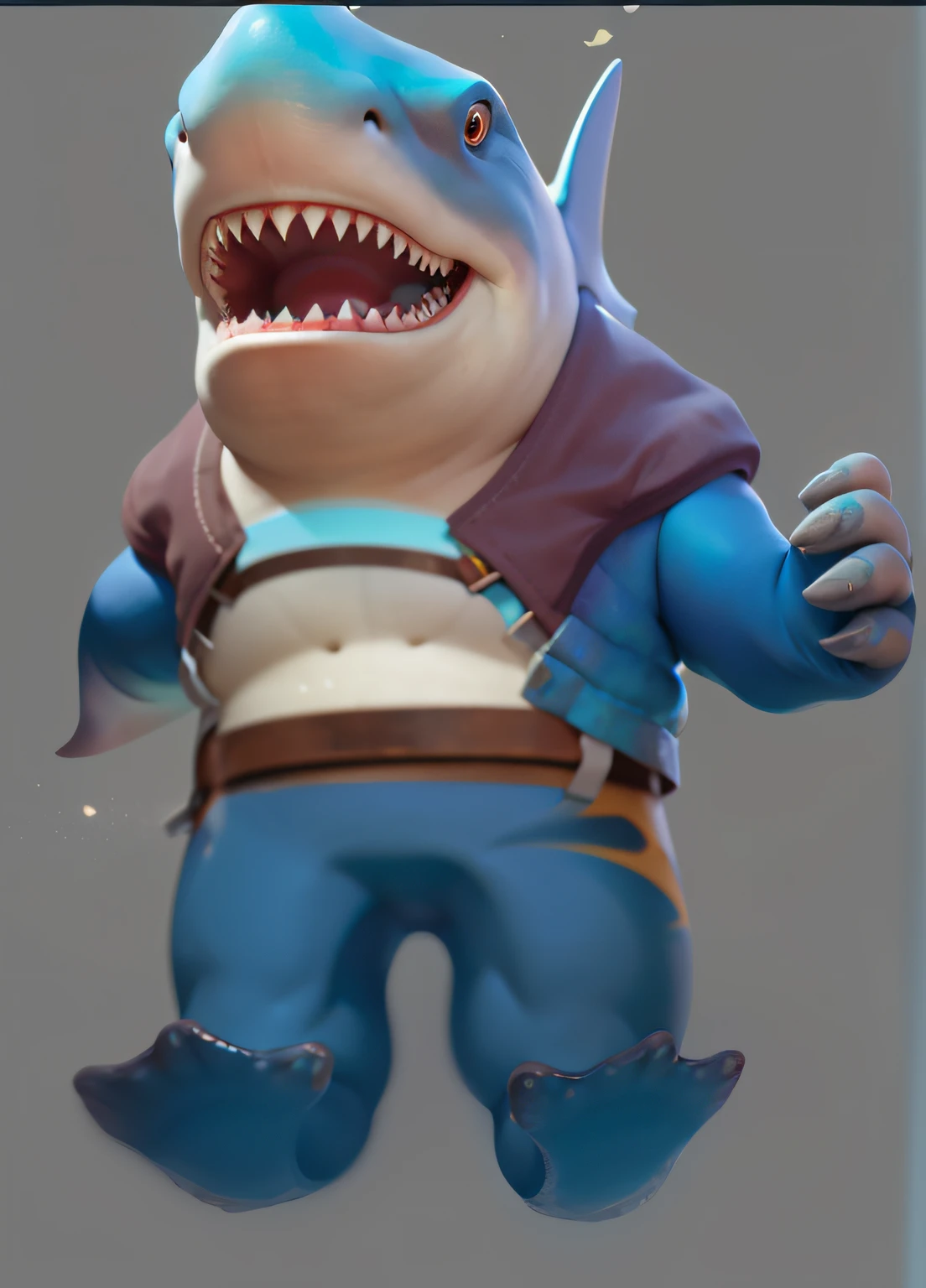 An anthropomorphic shark,The soles of the feet are visible,Look up