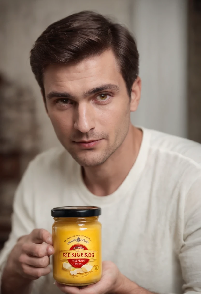 "Describe a man holding a jar of butter with a fearful expression on his face. His eyes are red, e seu rosto tem pequenos respingos de tinta vermelha."