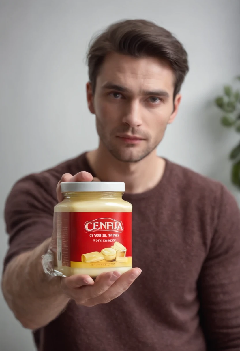 "Describe a man holding a jar of butter with a fearful expression on his face. His eyes are red, e seu rosto tem pequenos respingos de tinta vermelha."