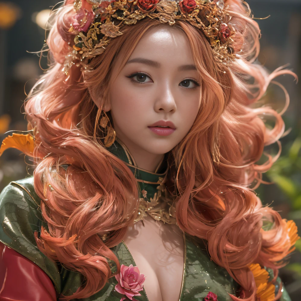 32K（tmasterpiece，k hd，hyper HD，32K）curlies，Flowing rouge，ponds，zydink， a color，  Liaoning people （Silly girl）， （Silk scarf）， Combat posture， looking at the ground，  Flowing rouge curls，Green emerald tiara， Chinese long-sleeved rose gold garment， （abstract ink splash：1.2）， Pink lotus background，Water lily flower protector（realisticlying：1.4），Rouge hair，Autumn is in full swing，The background is pure， A high resolution， the detail， RAW photogr， Sharp Re， Nikon D850 Film Stock Photo by Jefferies Lee 4 Kodak Portra 400 Camera F1.6 shots, Rich colors, ultra-realistic vivid textures, Dramatic lighting, Unreal Engine Art Station Trend, cinestir 800，Large curls，Flowing rouge