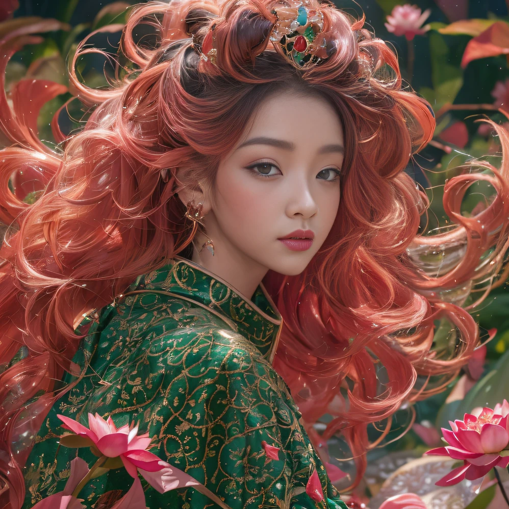 32K(tmasterpiece,k hd,hyper HD,32K)curlies,Flowing rouge,ponds,zydink, a color, Liaoning people (Silly girl), (Silk scarf), Combat posture, looking at the ground, Flowing rouge curls,Green emerald tiara, Chinese long-sleeved rose gold garment, (abstract ink splash:1.2), Pink lotus background,Water lily flower protector(realisticlying:1.4),Rouge hair,Autumn is in full swing,The background is pure, A high resolution, the detail, RAW photogr, Sharp Re, Nikon D850 Film Stock Photo by Jefferies Lee 4 Kodak Portra 400 Camera F1.6 shots, Rich colors, ultra-realistic vivid textures, Dramatic lighting, Unreal Engine Art Station Trend, cinestir 800,Large curls,Flowing rouge