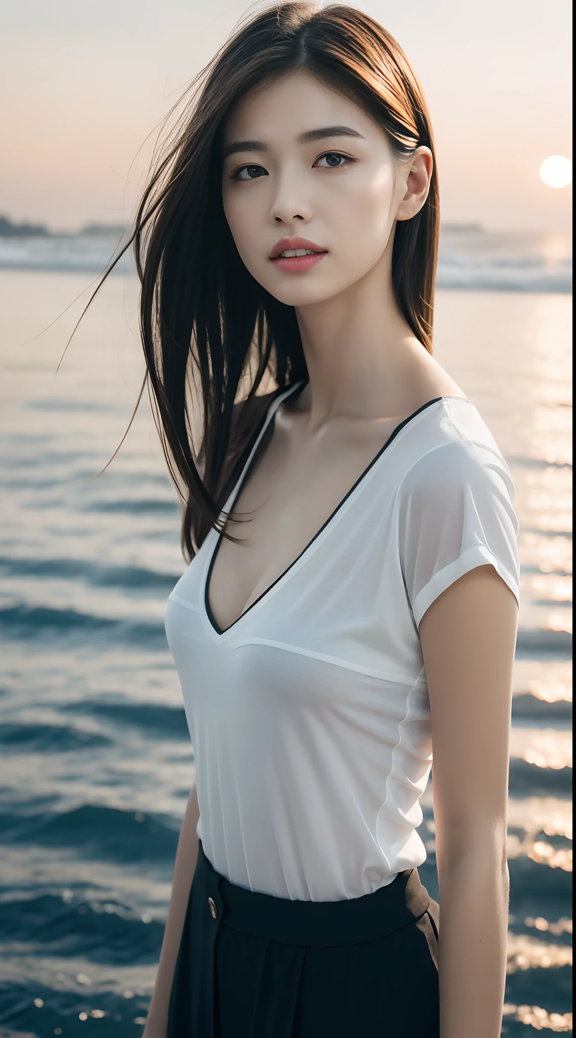 ((top-quality、8k、masuter piece:1.3))、1 female、Beautiful girl emphasizing slender abs:1.3、(Hairstyle shortcuts、爆乳:1.2)、Plain clothe:1.2、sea side、hyperdetailed face、Big eyes、Double eyelids、