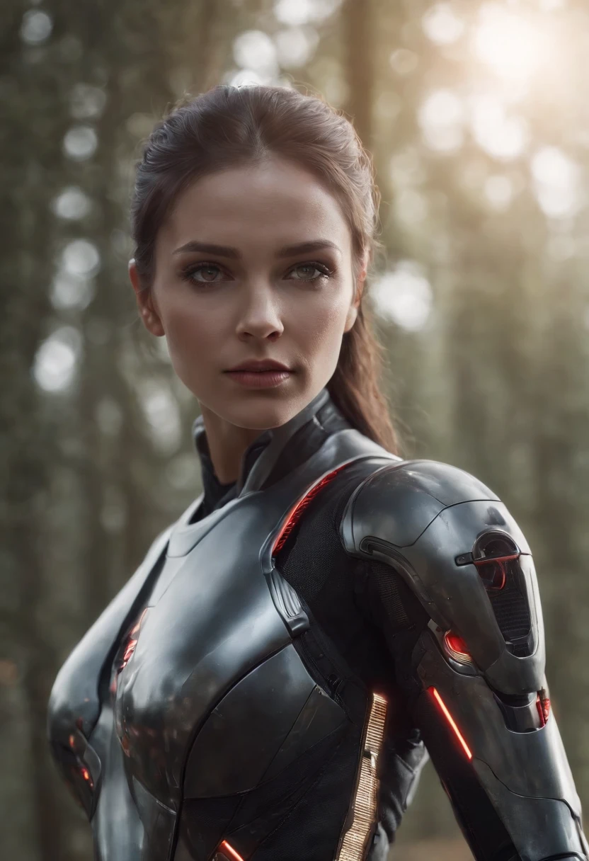 lizzyC1, ((best quality)), ((masterpiece)), (detailed), Midjourney Style, close-up, woman, robot, red eyes, concept art, inspired by Marek Okon, digital art, Crysis Nanosuit, futuristic, (glowing elements:1.1), 4:3 aspect ratio, dynamic duo，upper body