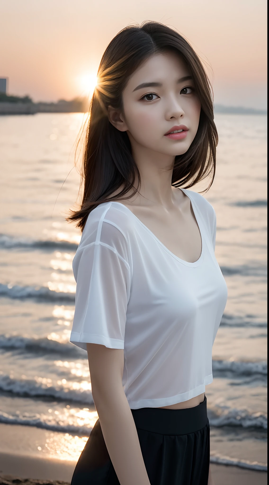 ((Under the small breasts)), (Straight hair to shoulder length: 1.2), Brown hair,Upper body, （Highly detailed CG 8K wallpapers），（Very sophisticated、Beautiful fece），（masutepiece），（best qualtiy：1.0），（超A high resolution：1.0），beautiful ilumination，Perfect Lightning，realistic shaded，[hight resolution]，smooth, completely fair skin,，Very delicate facial details，（Perfect body：1.1），ultra - detailed，beautiful  Girl，small head，attractive collarbone，Thin figure，Thin arms，relax，steady，（Black and white T-shirt:1.1），（Black wide-leg pants：1.1），White Daddy Shoes，Autumn，morning，Stand on the sea side，Sunrise in the East，expecting，Close-up shot shots，