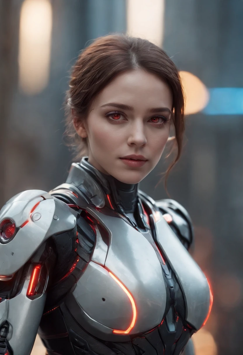 lizzyC1, ((best quality)), ((masterpiece)), (detailed), Midjourney Style, close-up, woman, robot, red eyes, concept art, inspired by Marek Okon, digital art, Crysis Nanosuit, futuristic, (glowing elements:1.1), 4:3 aspect ratio, dynamic duo,upper body