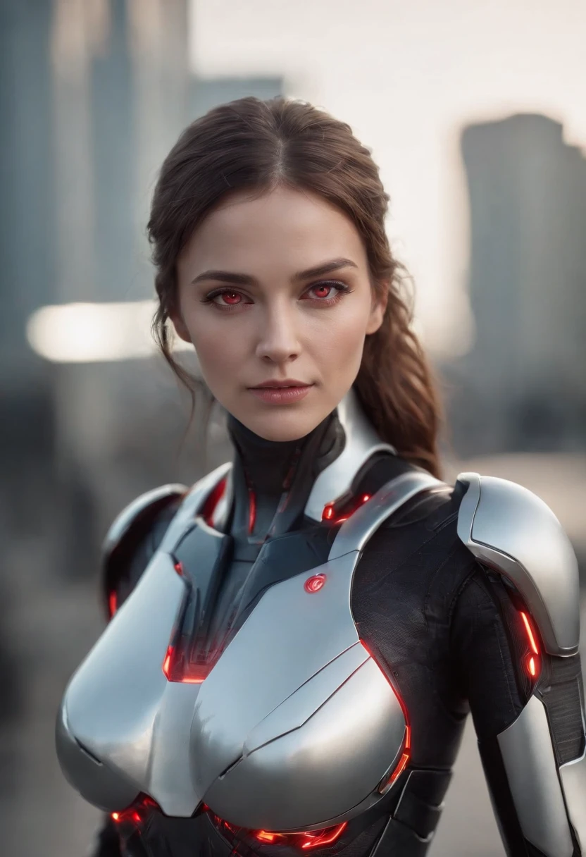 lizzyC1, ((best quality)), ((masterpiece)), (detailed), Midjourney Style, close-up, woman, robot, red eyes, concept art, inspired by Marek Okon, digital art, Crysis Nanosuit, futuristic, (glowing elements:1.1), 4:3 aspect ratio, dynamic duo,upper body