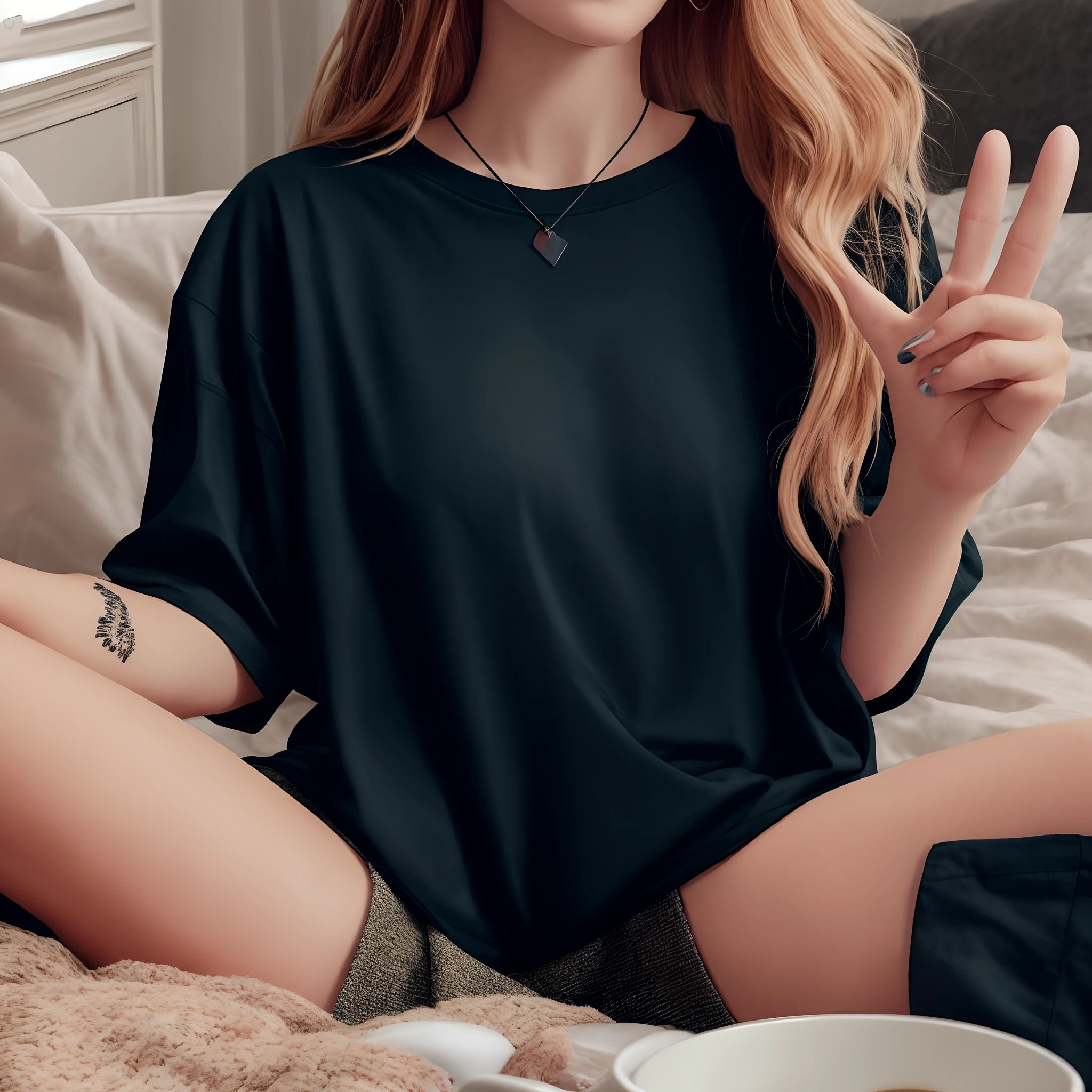 araffe woman sitting on a bed with a cup of coffee and a peace sign, black oversized clothes, black shirt, black t shirt, black outfit, casual black clothing, wearing black tshirt, black sweater, black top, black t - shirt, black tunic, black t-shirt, wearing a black tshirt, wearing a black t-shirt, cosy vibes