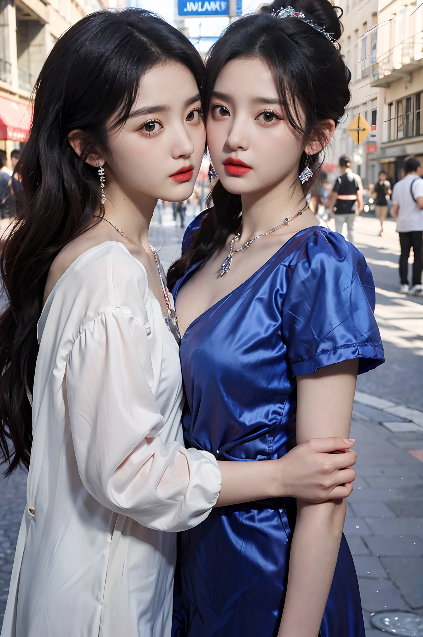 Best quality, Masterpiece, Extremely detailed, high resolution, 4K, 超高分辨率, Detailed shadows, Perfect light and shadow,duo, Two girls in fashionable clothes take selfies on the street, fantasy world,colorful pigtail, anime cosplaying, Anime style mixed with Fujifilm, Cute, big laughter, , Sexy,(Alebriès Art Style),PureErosFace_V1,Urzang-6500-V1 version.1,fantasyoutfit,The princess's eyes were round,Dream necklace,Fantastic ribbons,Dream rings,Fantastic jewelry,Fantastic hair accessory,Dream belt,Studio light,