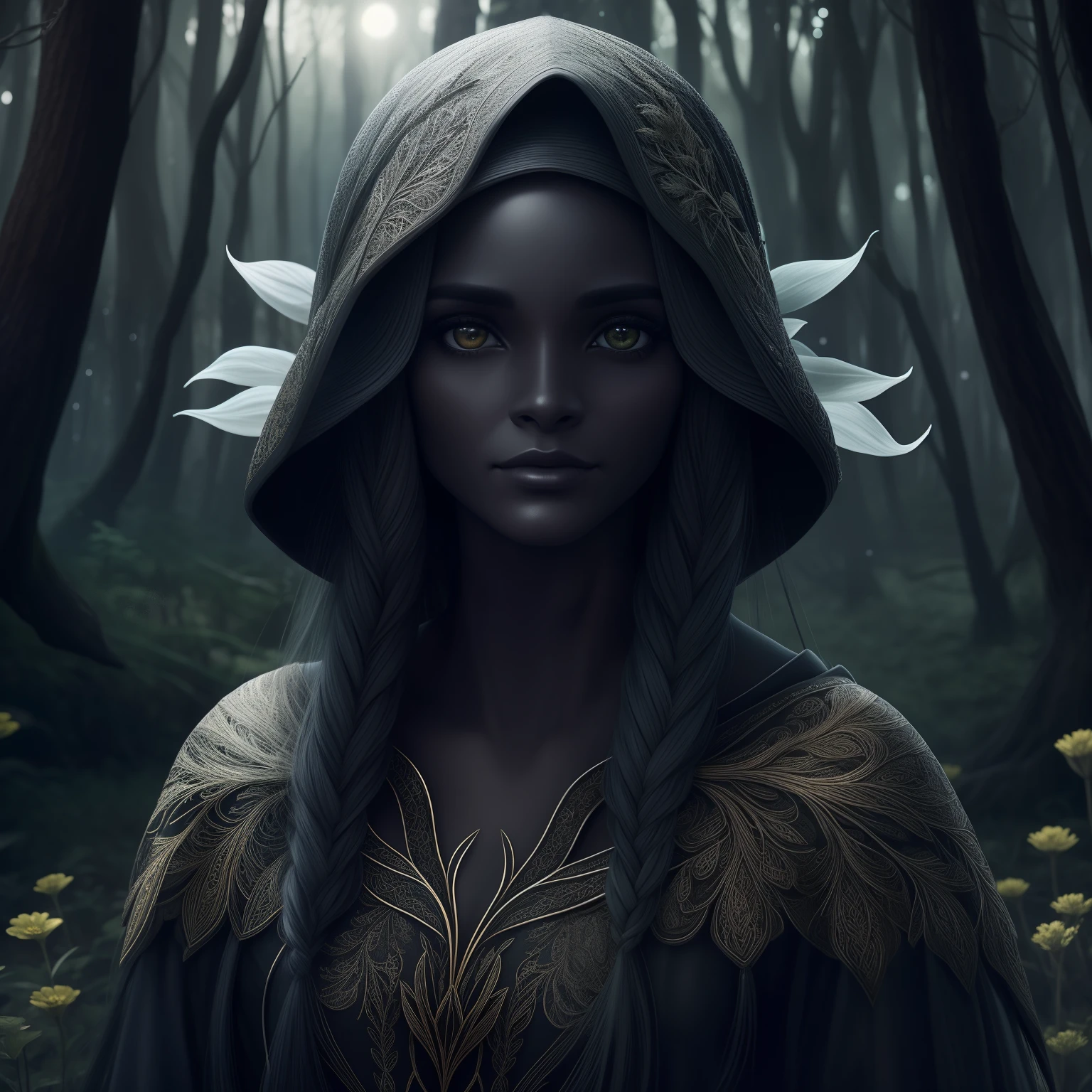 Elfo escuro bonito, cara bonita, corpo bonito, cabelos pretos, usando armadura preta, Cabo Preto, em uma floresta, at night, 8k, extremamente detalhado, ultra realistic
