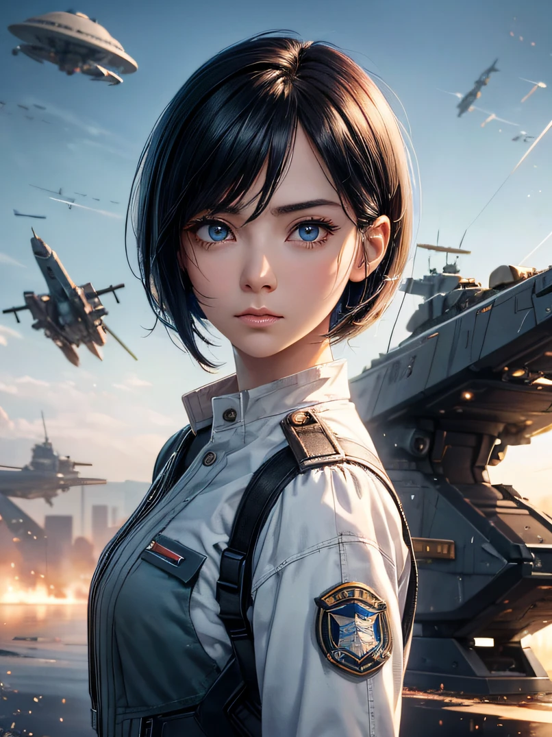 top-quality、超A high resolution、a science fiction film、adult woman, 25 years old、Dark blue eyes、Black bob short-haired、Air Force uniform、serious faces、Sharp eyes、Realistic face resolution、realisitic、Resolving Objects、The background is the battlefield、Spacecraft in the sky、Bullets fly around、Dynamic action
