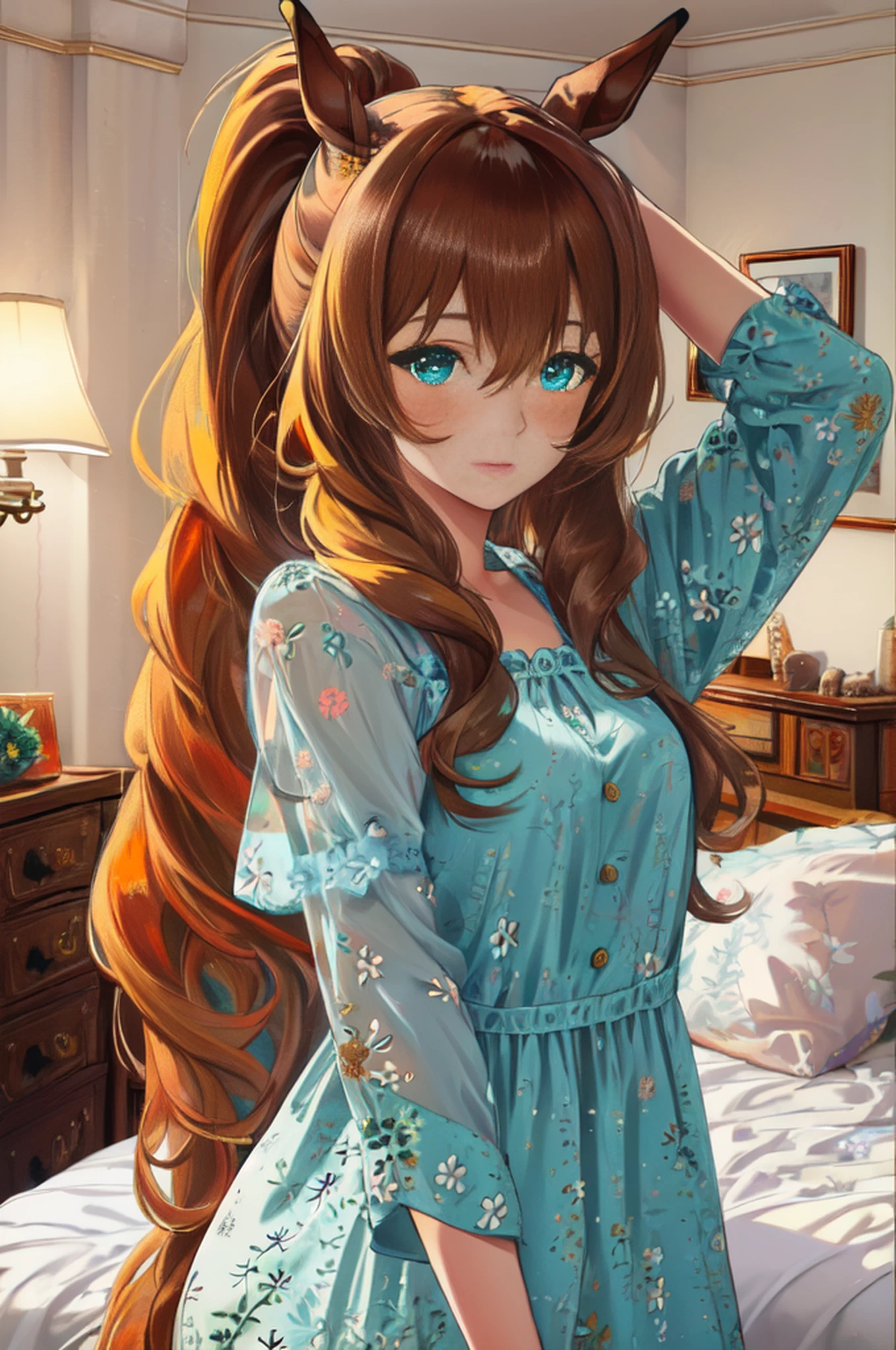 (8k, top-quality, ​masterpiece:1.2, nsfw),maruzensky \(umamusume\),Cutest,Cute girl,mesugaki, Beautiful face,Beautiful eyes,Beautiful hair,blonde hair, drill hair, horse tail, brown hair, horse girl, brown eyes, multicolored hair, green eyes, orange hair, horse ears, animal ears, bangs, very long hair, hair between eyes, grey eyes, aqua eyes, solo, blue eyes, long hair, ponytail, see-through nightdress, Nordic style bedroom,Lots of flowers,