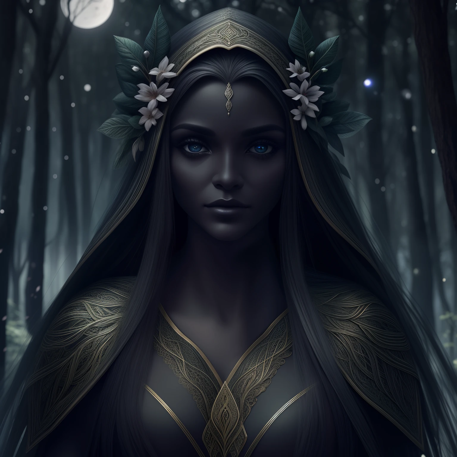 Elfo escuro bonito, cara bonita, corpo bonito, cabelos pretos, usando armadura preta, Cabo Preto, em uma floresta, at night, 8k, extremamente detalhado, ultra realistic