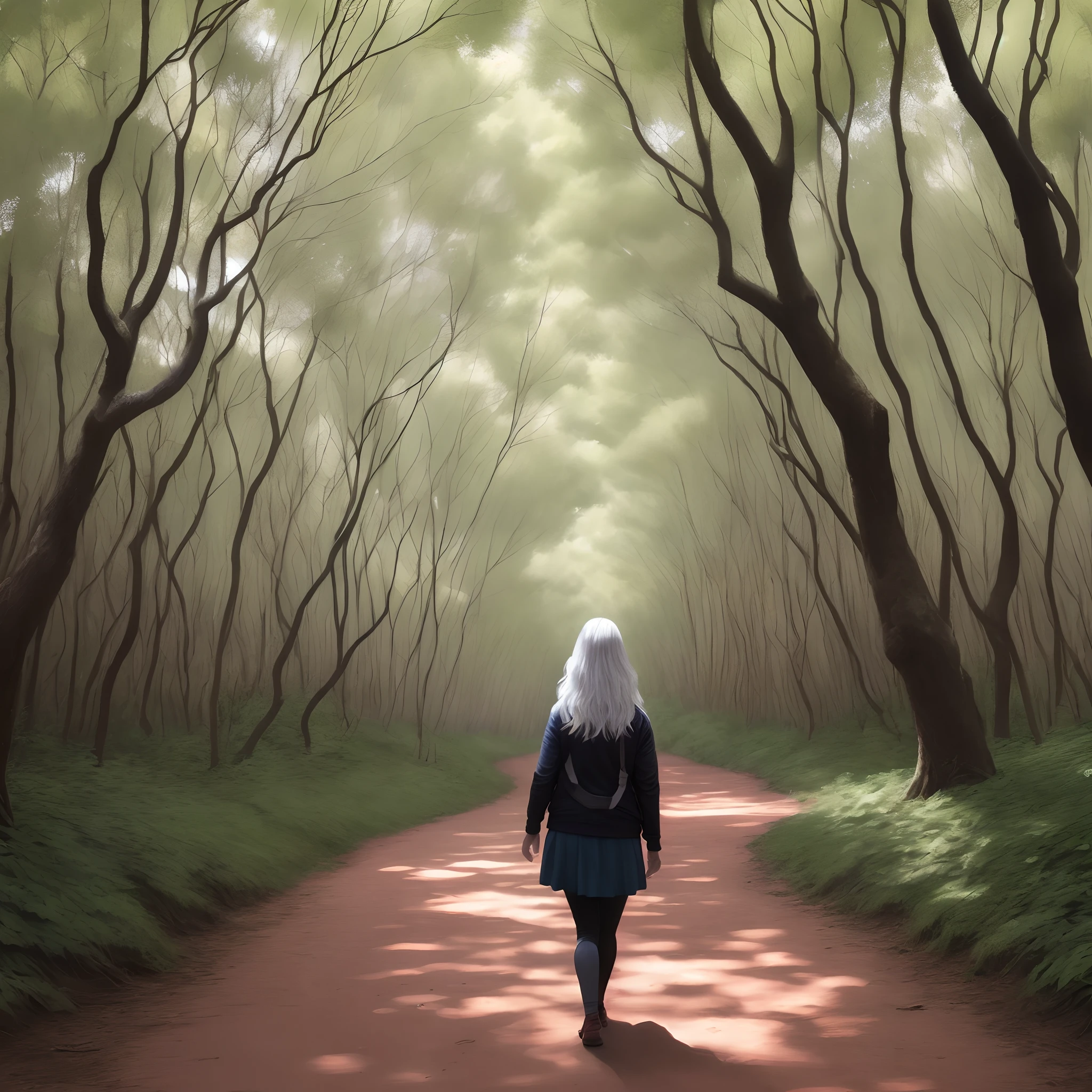 Una muchacha de pelo blanco caminando en el bosque