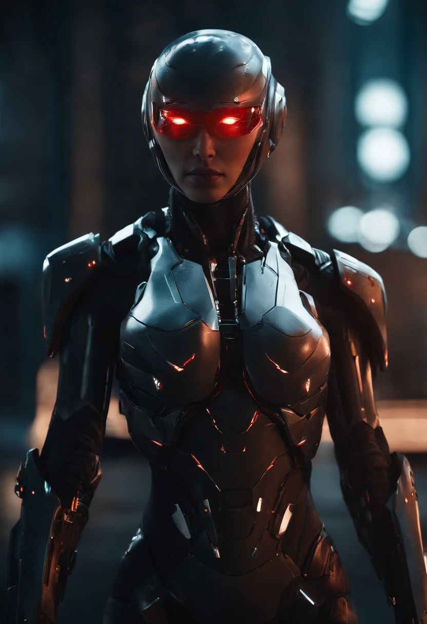 lizzyC1, ((best quality)), ((masterpiece)), (detailed), Midjourney Style, close-up, woman, robot, red eyes, concept art, inspired by Marek Okon, digital art, Crysis Nanosuit, futuristic, (glowing elements:1.1), 4:3 aspect ratio, dynamic duo,upper body