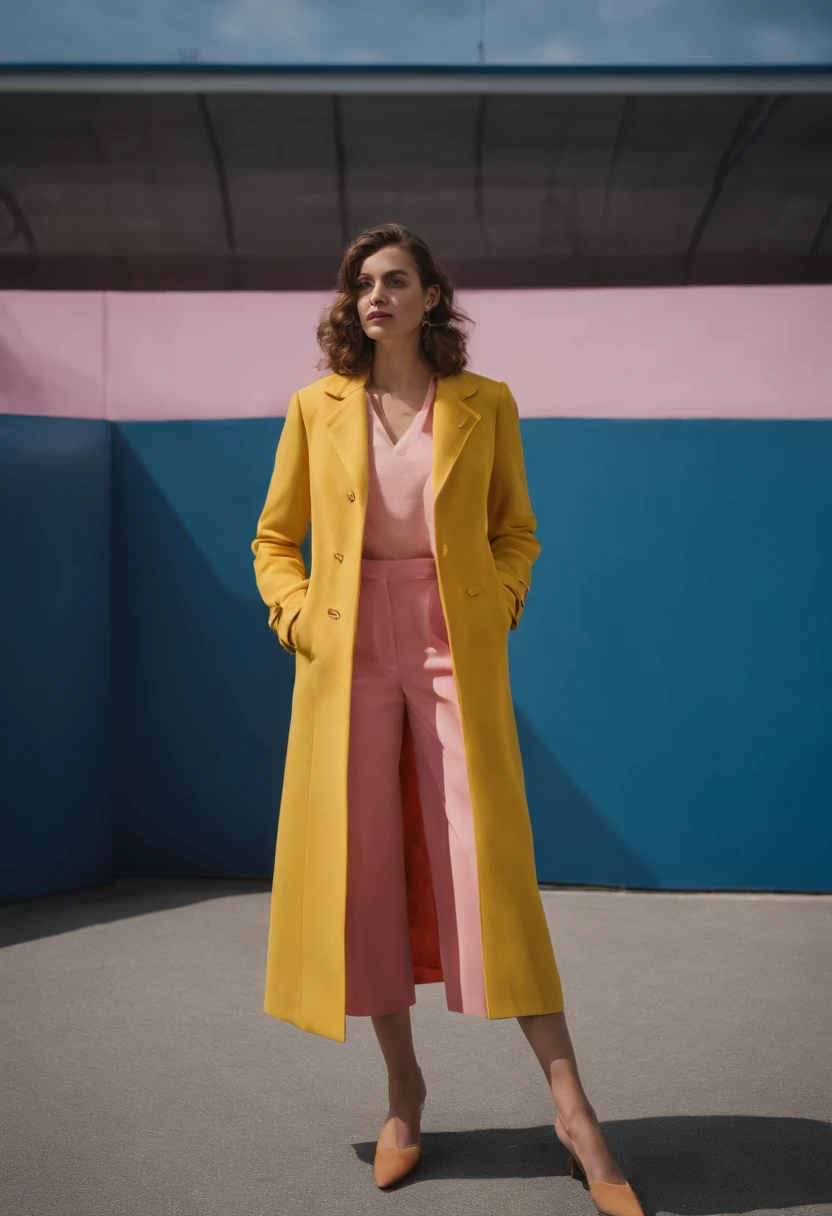 a young female wearing yellow and pink coats in front of blue wall, in the style of heatwave, transparent/translucent medium, contemporary vintage photography, lowbrow, poolcore, associated press photo, feminine body, (medium shot)