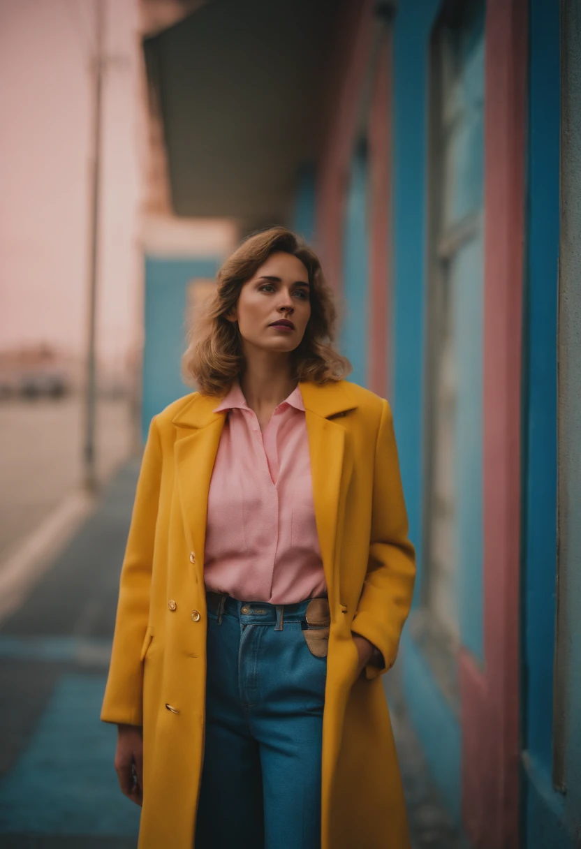 a young female wearing yellow and pink coats in front of blue wall, in the style of heatwave, transparent/translucent medium, contemporary vintage photography, lowbrow, poolcore, associated press photo, feminine body, (medium shot)