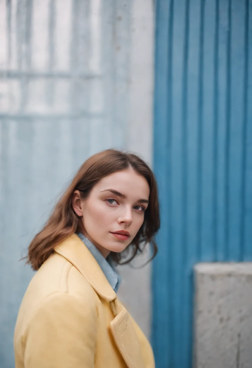 a young female wearing yellow and pink coats in front of blue wall, in the style of heatwave, transparent/translucent medium, contemporary vintage photography, lowbrow, poolcore, associated press photo, feminine body, (medium shot)