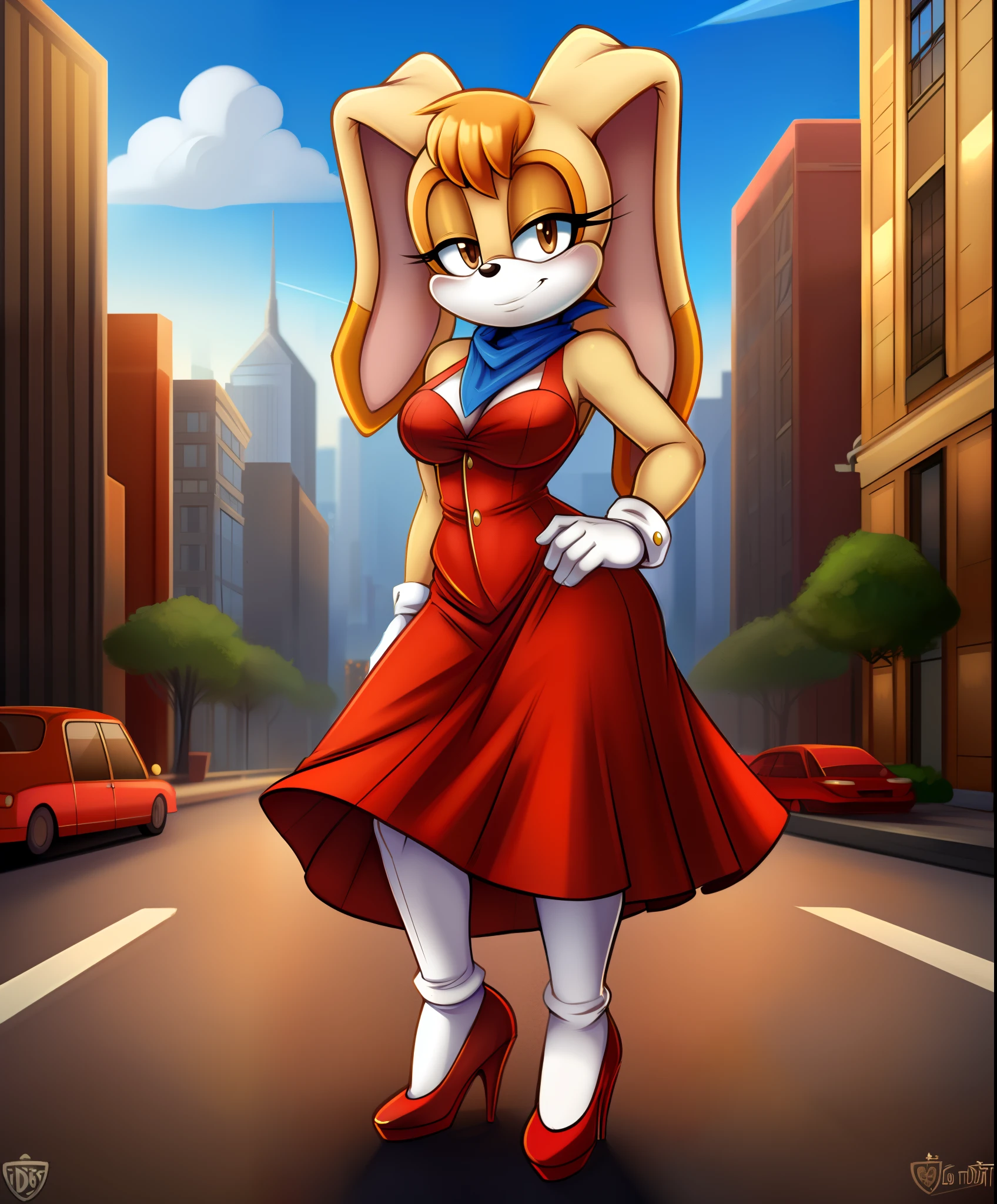 masterpiece, best quality, vanilla the rabbit, brown eyes, animal nose, sonic the hedgehog (series), short hair, orange hair, white gloves, looking at viewer, standing, red high heels, rabbit girl, medium breasts, breasts, sonic the hedgehog \(series\), furry, furry female, highly detailed, detailed background, mature female, city, buildings, outside, (uploaded on e621), (((by marthedog, by chadthecartoonnut, by avante92))), dress, blue ascot, red vest,