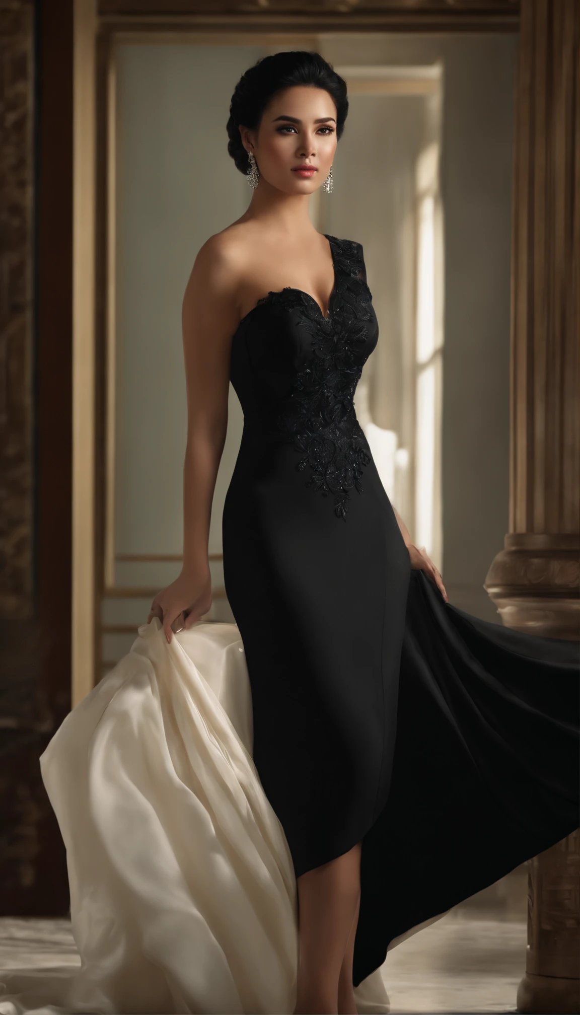 Masterpiece, Best quality, (Photorealistic:1.4), full bodyesbian, (dress:1.1)（evening formal robes：1.1）（Wisps 1.1）（Embroidered seedling edge Q1.1） view over city, Cinematic light, Beautiful woman,Busty woman，32years old， ((From any direction)), sport, Large breasts, Black hair,Chinese face， rim, Detailed dress,detailed style